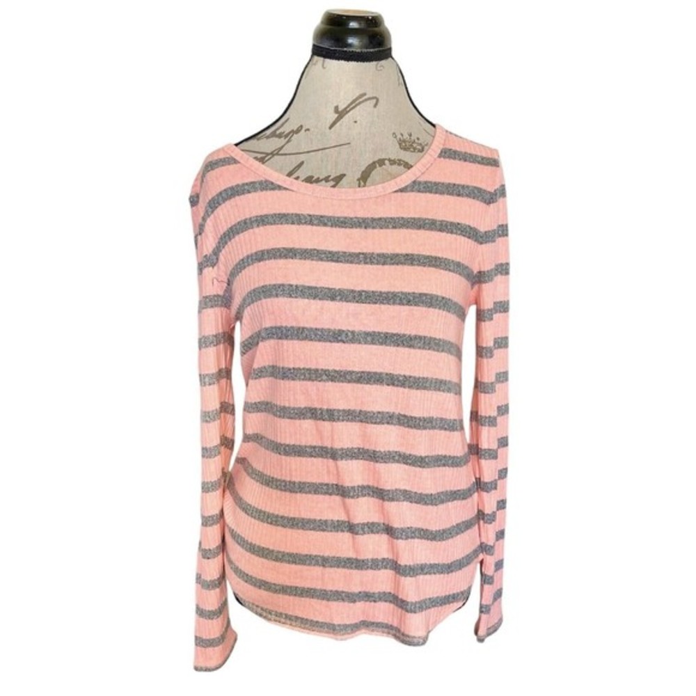 Old Navy Womens Blouse Top Striped Size Small Long Sleeve Ribbed Preppy Gray